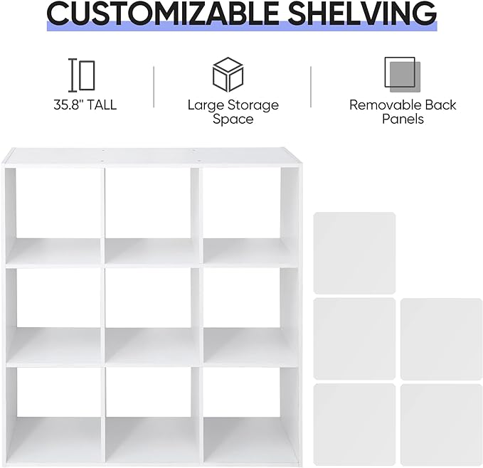 SUPER DEAL 9 Cube Storage Organizer 11 inch Cube Storage Shelf 3 x 3 Wood Bookcase Display Bookshelf with 5 Removable Back Panels for Kids Children Home, Office, Bedroom, Living Room, White