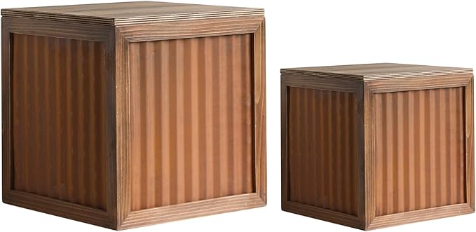 COLLECTIVE HOME - Wood Storage Ottoman, Rustic Storage Stool, 2 Pack Cube Seat Foot Rest Stool, Accent Side Table, Metal Storage Bin for Living Room Furniture, 16"/12" (Wood, Corrugated Metal)