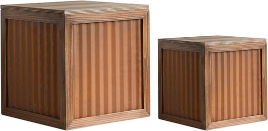 COLLECTIVE HOME - Wood Storage Ottoman, Rustic Storage Stool, 2 Pack Cube Seat Foot Rest Stool, Accent Side Table, Metal Storage Bin for Living Room Furniture, 16"/12" (Wood, Corrugated Metal)
