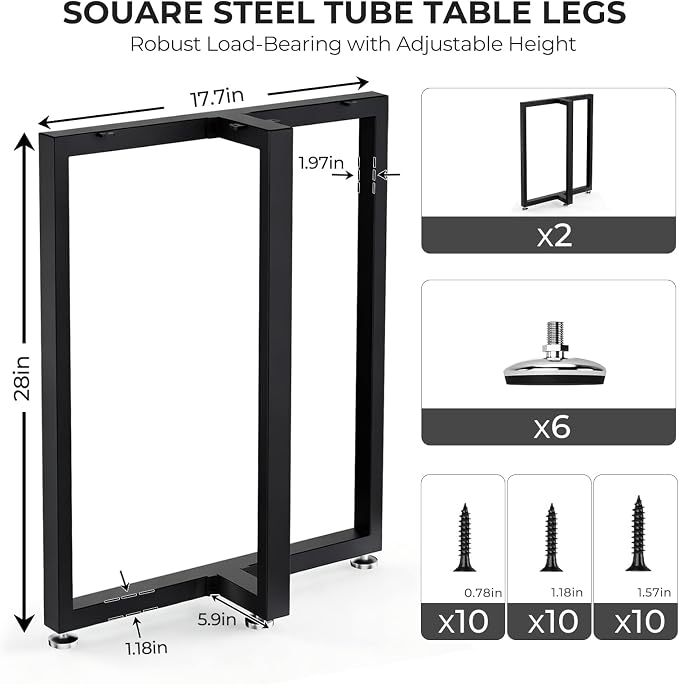 Table Legs 28”H x 18”W Heavy Duty Metal Furniture Legs T Shape for Dining Table Kitchen Table Office Desk Table Base Replacement with Adjustable Feet Pads Screws 1000 LBS Load Black Set of 2