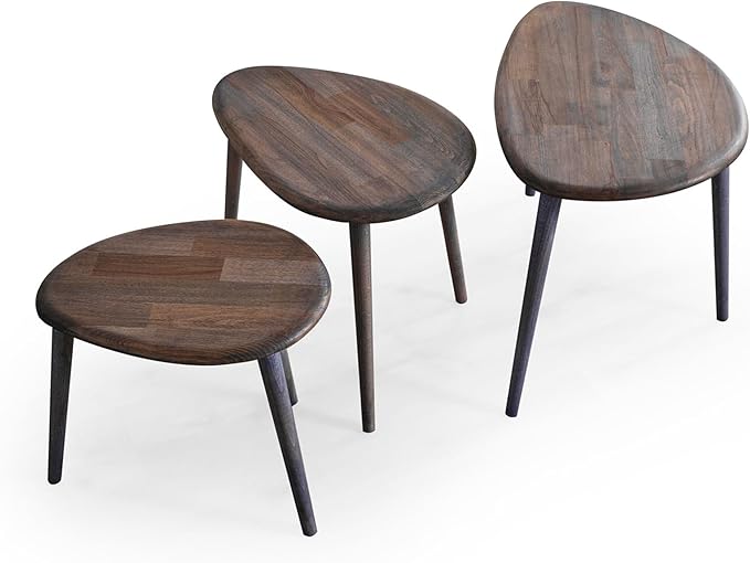 Solid Wood Nesting Coffee Table Set of 3 - Mid Century Modern Pebble Tables with Tapered Legs – Wooden Home Furniture in a Retro Style (Anthracite)