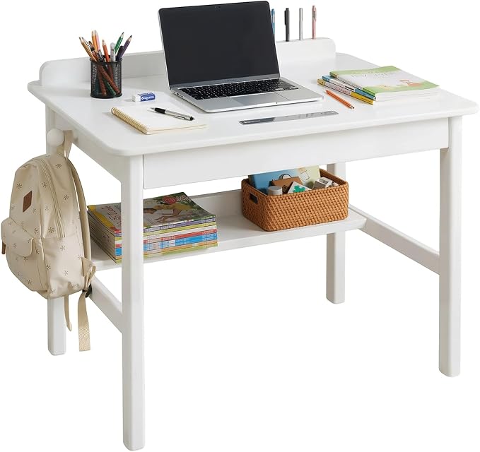 Solid Wood Study Desk & Home Office Writing Table with Drawers, 31" Vintage Mid Century Modern Computer Desk, Home Office Workstation for Bedroom, Small Spaces, Apartment(White,31.5 Inch Wide)
