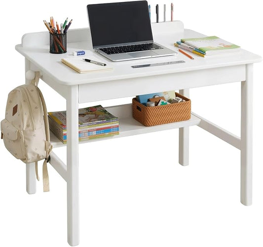 Solid Wood Study Desk & Home Office Writing Table with Drawers, 31" Vintage Mid Century Modern Computer Desk, Home Office Workstation for Bedroom, Small Spaces, Apartment(White,31.5 Inch Wide)