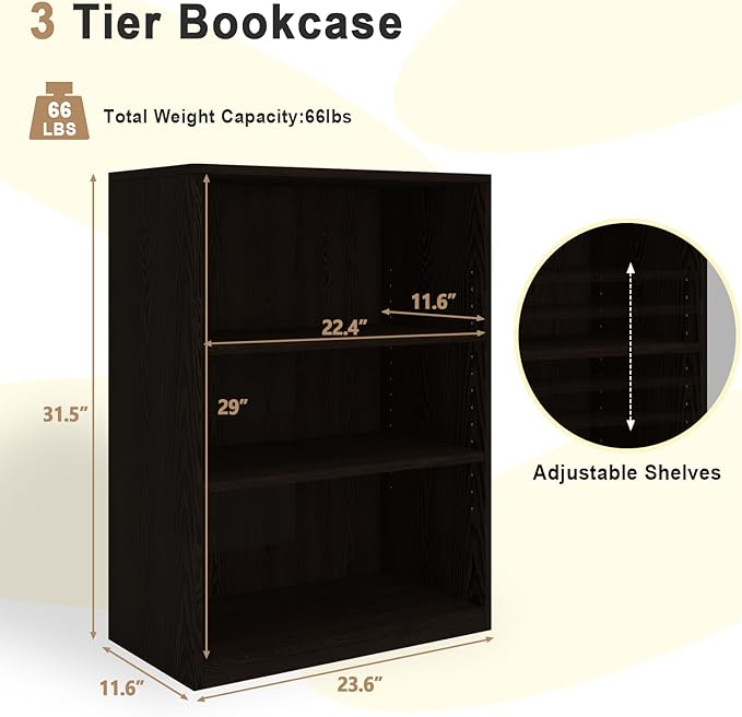 CTESNE【2026 Adjustable Shelves 3-Tier Bookcase, 71 inches, Wooden Open Display Floor Bookshelf (Chocolate Color)