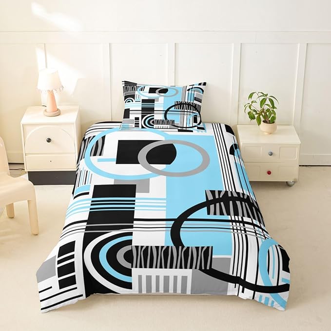Art Deco Mid Century Duvet Cover Set Retro Modern Abstract Geometric Girl Toddler Bedding Set for Tween Boys Girls Black and White Sky Blue Circles Stripes Comforter Cover Contemporary Bed Sets