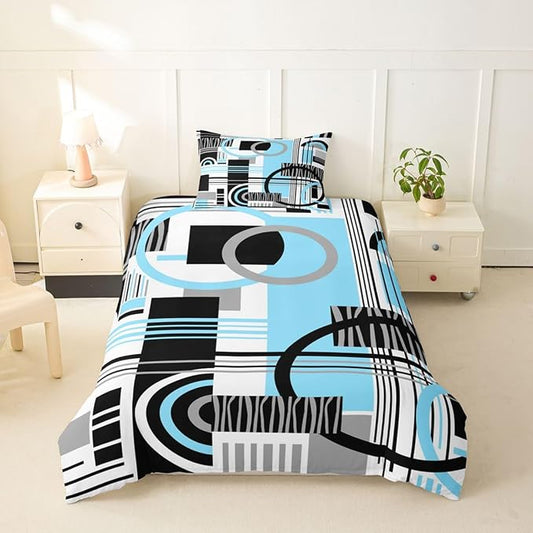 Art Deco Mid Century Duvet Cover Set Retro Modern Abstract Geometric Girl Toddler Bedding Set for Tween Boys Girls Black and White Sky Blue Circles Stripes Comforter Cover Contemporary Bed Sets