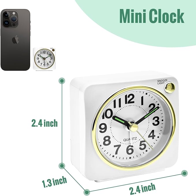 Lamisola White and Gold Battery Analog Travel Alarm Clock, Ultra Small Classic Bedside Clocks for Nightstand, Cute Desk Clock for Romm Bathroom Kitchen Guest Room, White