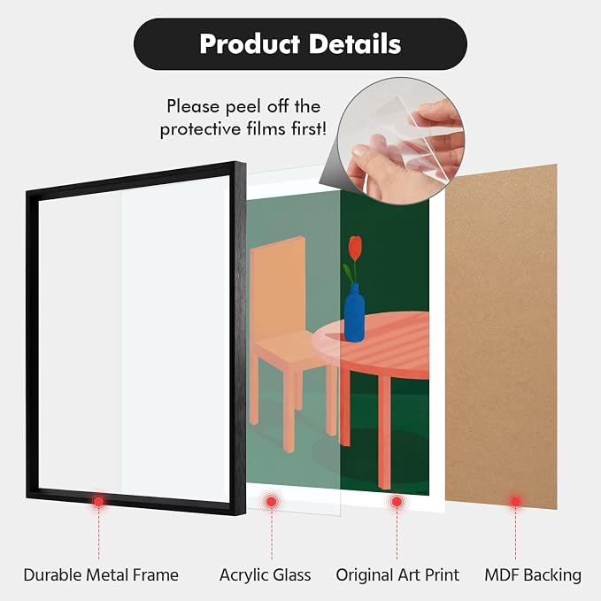 Framed Modern Interior Wall Art for Living Room, 12x16 Inch Abstract Chair and Tulip Print, Minimalist Geometric Artwork for Walls with Matte Black Metal Frame, Bedroom Office Wall Decor