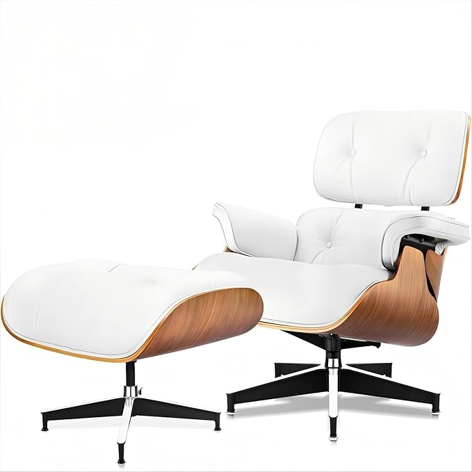 Mid Century Chaise Lounge Chair and Ottoman, Reading Chair, Leather Accent Chair, Modern Chair, Classic Design, Heavy Duty Base Support for Living Room Lounge Office (Walnut-White, Upgraded)