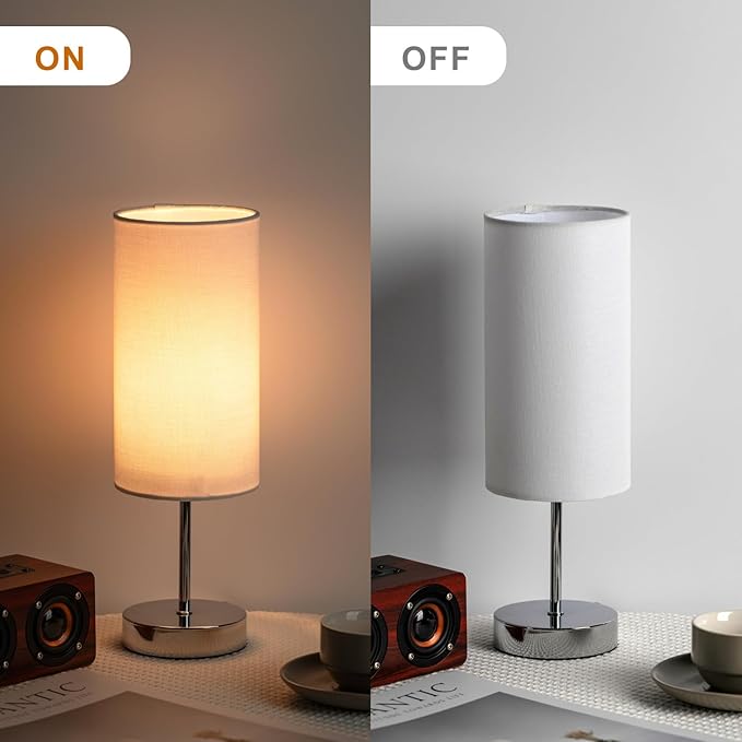 Small Table Lamp for Bedroom Nightstand, Round White Fabric Shade and Silver Metal Base, Modern Minimalist Bedside Lamps for Dresser, End Table, Office, College Dorm, Warm Light, 5W LED Bulb Included