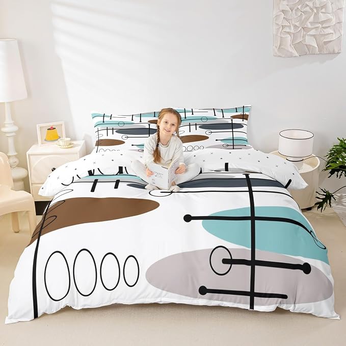 Erosebridal Mid Century Bed Set Modern Minimalist Duvet Cover, Hippie Old Fashion Bedding Set Full Abstract Artwork Comforter Cover, Aesthetic Lines Circles Bed Cover Teal White Grey (Zipper Closure)