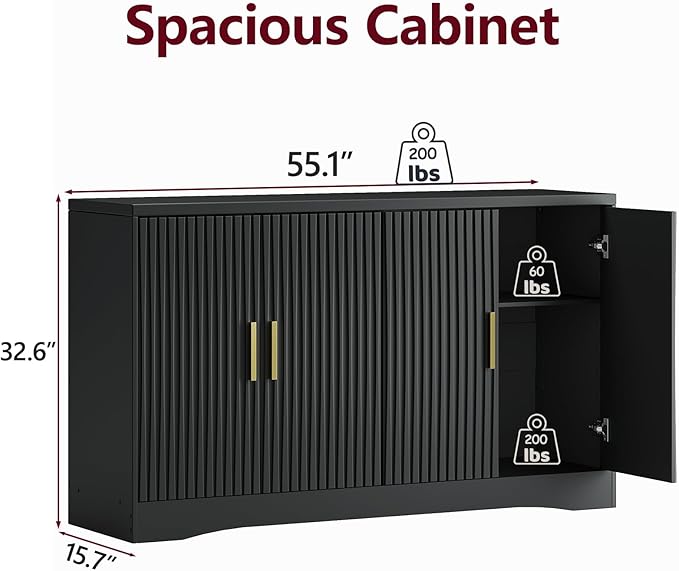 55" Modern Sideboard Buffet Cabinet with Storage, 4 Door Fluted Credenza Table Media Console Cabinet Entryway Cabinets for Living Room Kitchen, Black