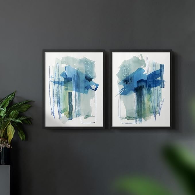 Renditions Gallery Set of 2 Peel & Stick Framed Prints, Modern Abstract Wall Art, Blue and Neutral Bold Brushstrokes Wall Decor, Re-Stickable - Ready to Hang - 8"x10" - Black Frame LT588