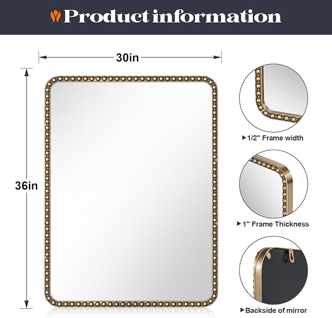 30"x36" Champagne Bronze Mirrors for Bathroom, Brass Vintage Bathroom Wall Mirror with Beaded Frame, Gold Beaded Mirror for Vanity Ornate Bedroom