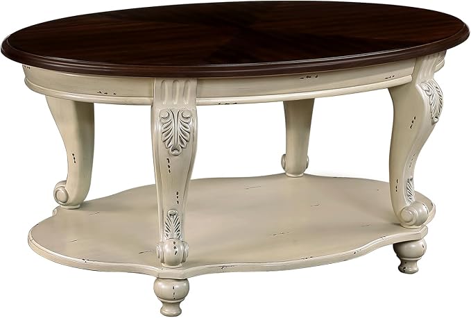 42'' Oval Wood Coffee Table for Living Room, Mid Century Farmhouse Circle Coffee Tables for Apartment, Easy Assembly Traditional Coffee Table Centre Table Retro Cocktail Table, Beige&Cherry