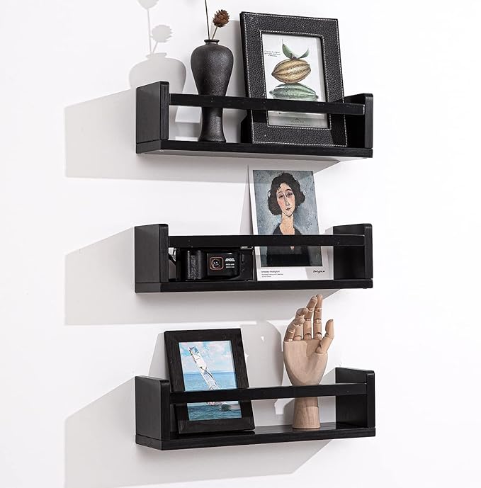 AZSKY Black Nursery Shelves 16 Inch Set of 3 Wooden Floating Wall Bookshelf for Kids Nursery Shelves for Wall,Bathroom Living Room Décor Kitchen Spice Rack