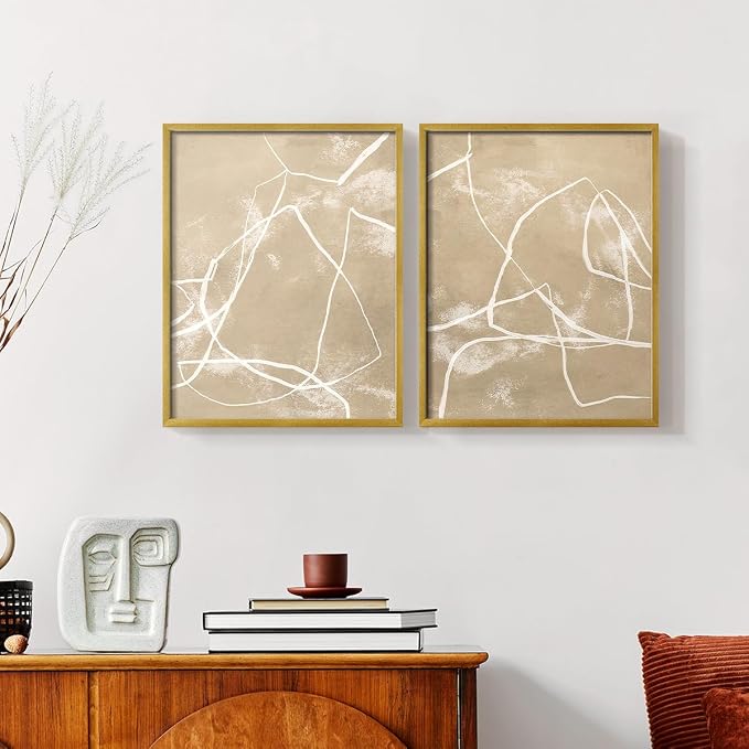 Renditions Gallery Set of 2 Peel & Stick Framed Prints, Neutral Abstract Wall Art, Beige Line Art Pattern Wall Decor, Re-Stickable - Ready to Hang - 16"x20" - GOLD Frame LT588