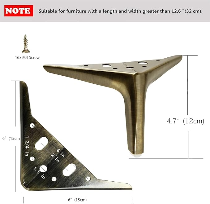 4.7 inch/12cm Brushed Bronze Color Metal Furniture Legs Set of 4, 4pcs DIY Replacement for Short Cabinet Legs, Sofa Legs, Small Dresser Legs