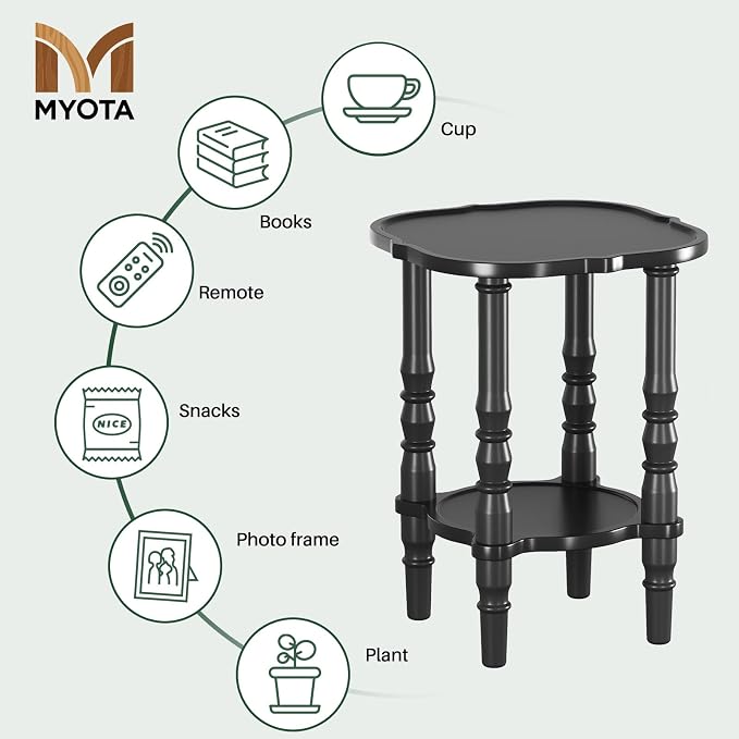 Solid Wood End Table Living Room - 21.7" H Small Narrow Square Wooden End Table for Small Spaces, Dark Real Black Solid Wood Vintage Antique Side Bedside Table Nightstand with 2-Tier Storage