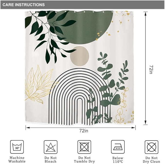 Riyidecor Sage Green Mid Century Modern Shower Curtain for Bathroom Decor 72Wx72H Boho Abstract Gold Leaves Minimalist Geometric Arch Sun Art Printed Fabric Polyester Waterproof 12 Pack Plastic Hooks
