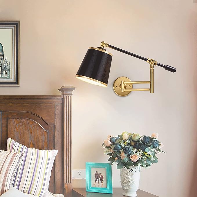 Adjustable Swing Arm Wall Lamp for Bedroom, Retractable Reading Light, E27 Bulb Holder, Retro Industrial Style Wall Sconce