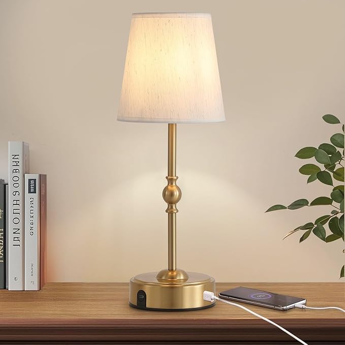 MEIXISUE Cordless Rechargeable LED Table Lamp with Dimmer,Nightstand Lamp with USB Port,Antique Brass Portables Outdoor Lamp, Battery Operated Lamp for Patio Bedroom Bedside Balcony Camping Bar RV