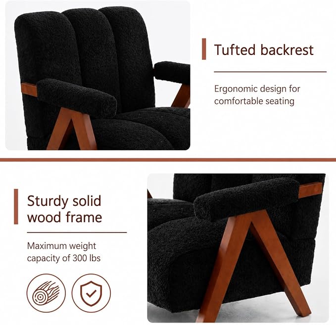 Mid Century Modern Accent Chair with Solid Oak Wood Frame, Upholstered Chenille Lounge Chair with Ergonomic Backrest and Thick Cushion for Living Room Bedroom Balcony, Set of 2, Black