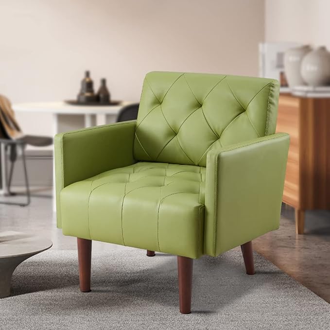 Faux Leather Accent Chair, Modern Retro Arm Chair for Living Room and Bedroom Tufted Upholstered Sofa Club Chair Comfy Armchair for Small Spaces Bedroom Office (Olive)
