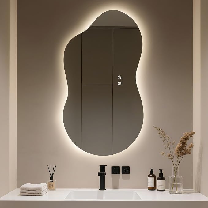 WallBeyond 36"x20" Irregular LED Vanity Mirror with Backlight, Asymmetrical Bathroom Mirror with Lights for Makeup or Modern Sink Area, Anti-Fog & Dimmable, Horizontal/Vertical Mount