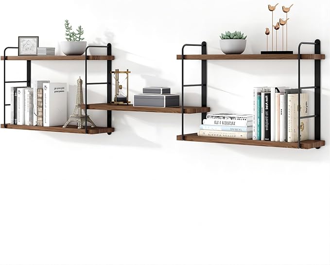 MXCSE Wall Shelves, Wall Mounted Bookshelves, DIY Floating Shelves for Wall, Wood Hanging Book Shelves for Room, Bedroom, Living Room, Easy Installation, 5 Shelves (Brown, 50W x 17H)