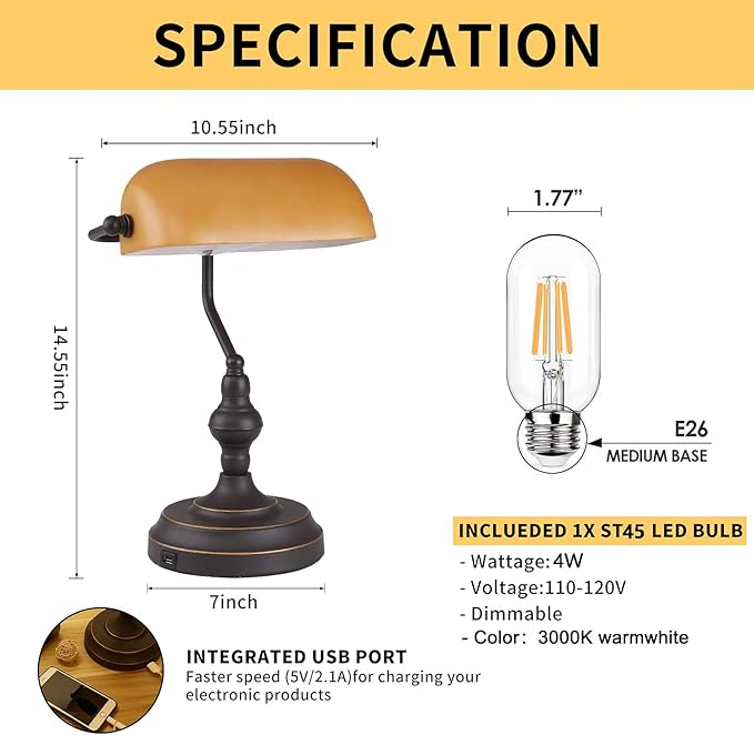Banker Desk Lamp Touch Control, Vintage Banker's Desk Lamp with USB Port, 3 Way Dimmable Desk Lamps, Farmhouse Library Lamp Oil Rubbed Bronze for Office, Study Room