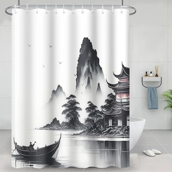 Abstract Ink Painting Shower Curtain Chinese Traditional Nature Landscape Mountains Lake Shower Curtains for Bathroom Accessories Waterproof Polyester Fabric with Hooks, 72 x 72 Inch