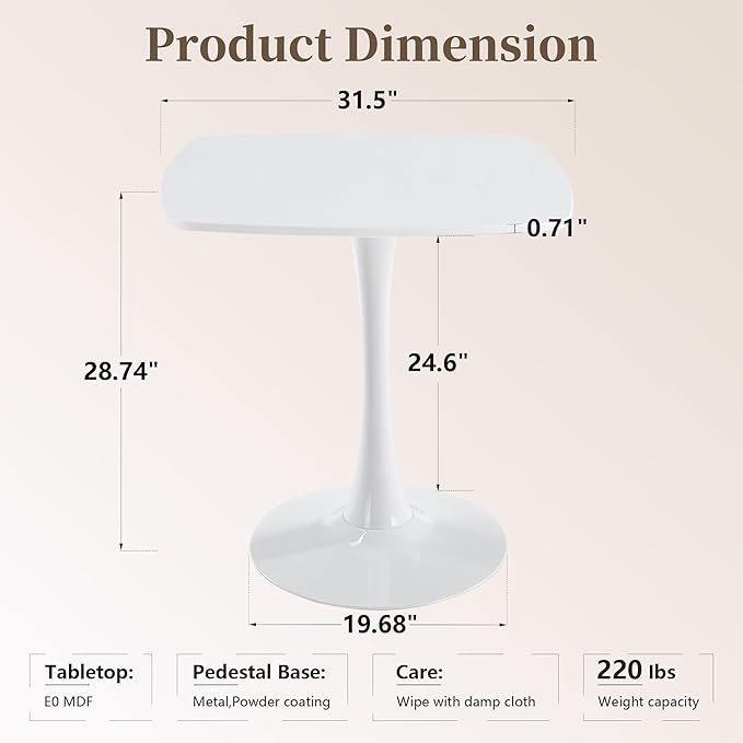 White Square Dining Table,31.5" Tulip Table with Metal Pedestal,15-Minute Quick Assembly,Mid Century Modern Leisure Table for Kitchen Small Places Cafe (White)