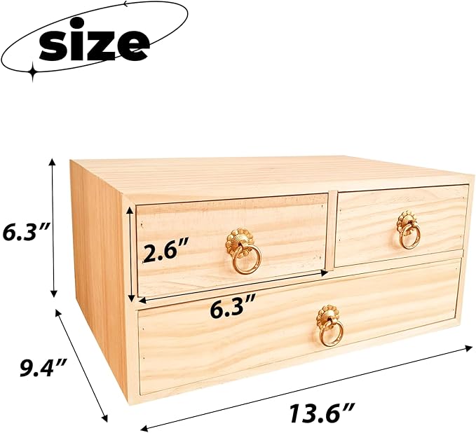 2 Layer Desk Organizer Wooden Desktop Organizer Tabletop Storage Organization Box Natural Wood Counter Drawer with Metal Handle 3 Drawer for Desk Accessories Home Office Counter Craft Decor