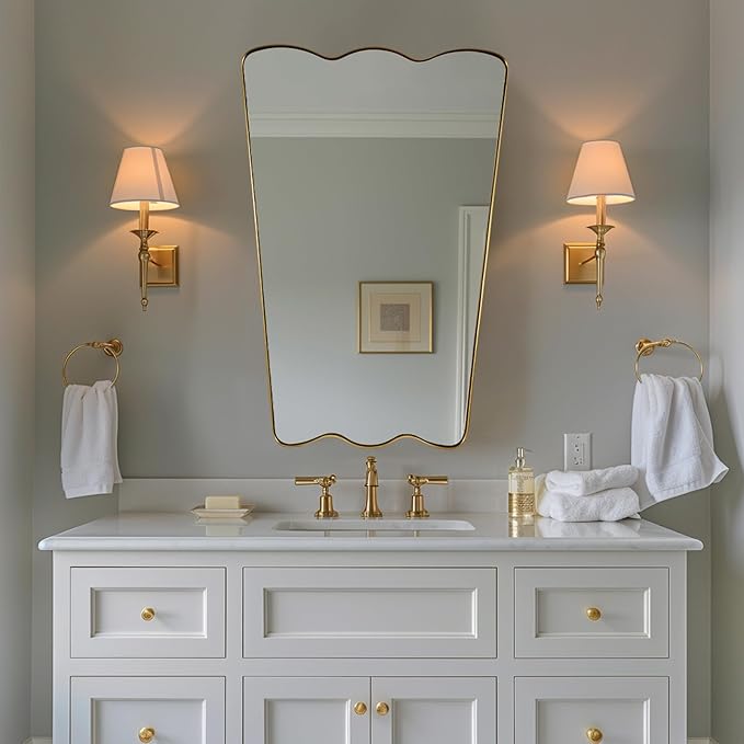 ANDY STAR 24x36 Inch Brushed Gold Scalloped Mirror, Antique Brass Irregular Bathroom Mirror -Butterfly Shape Asymmetrical Mirror for Powder Room