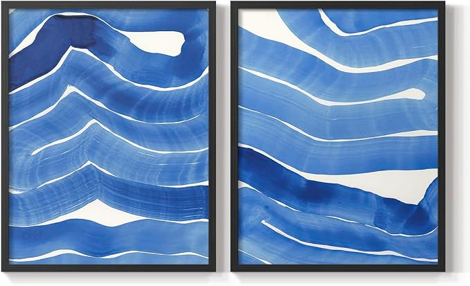 Renditions Gallery Set of 2 Peel & Stick Framed Prints, Watercolor Abstract Wall Art, Bold Brushstrokes in Shades of Blue Wall Decor, Re-Stickable - Ready to Hang - 16"x20" - Black Frame LT588
