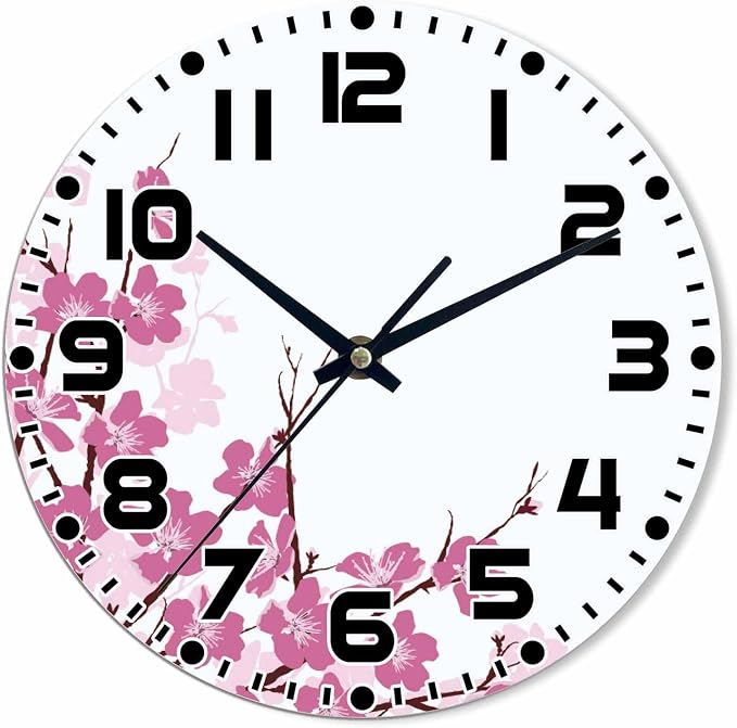 Flower Branches Wall Clock 10 inch Round Pink and Purple Silent Non Ticking Wood Wall Clocks Battery Operated Easy to Read Decorative Wall Clock for Bedroom Kitchen Living Room Bathroom