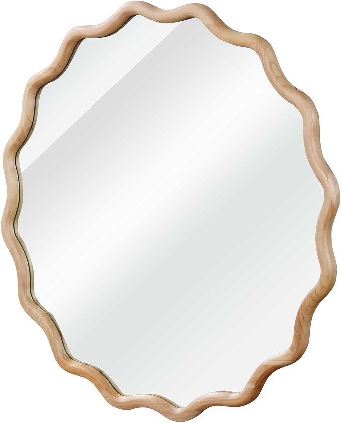 24" Wavy Round Solid Wood Frame Decorative Mirror, for Bedroom, Bathroom, Living Room, Entryway, HU26052223 (Wood)
