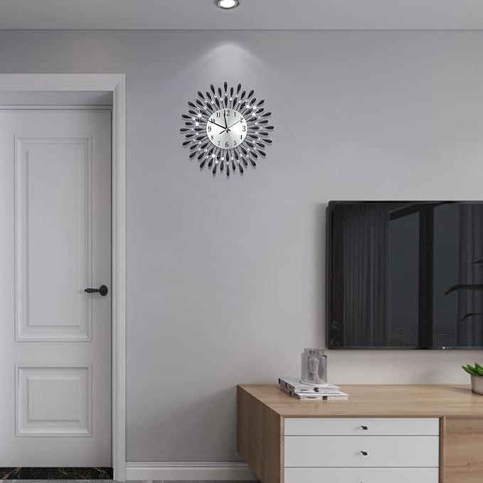 19.7 INCH Black Wall Clock for Living Room Decor,Non-Ticking Quiet Metal Petals Dial Glass Big Wall Clocks Black for Bedrooms Kitchen and Small Space Decoration