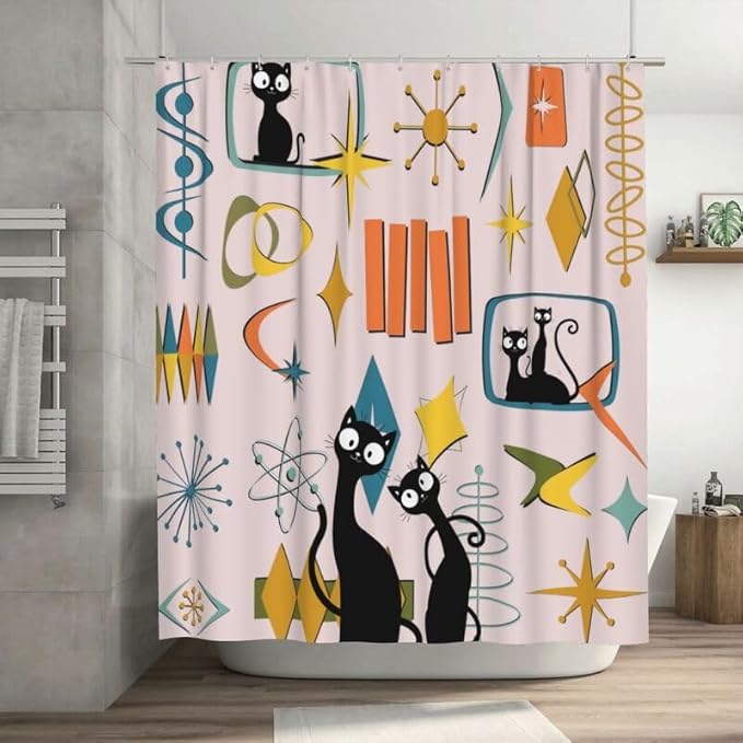 Mid Century Shower Curtains Black Cat Atomic Age Space Pink Pattern Duty Fabric Shower Curtain Set Bathroom Polyester Waterproof with 12 Hooks, 66x72Inch（168x183cm）