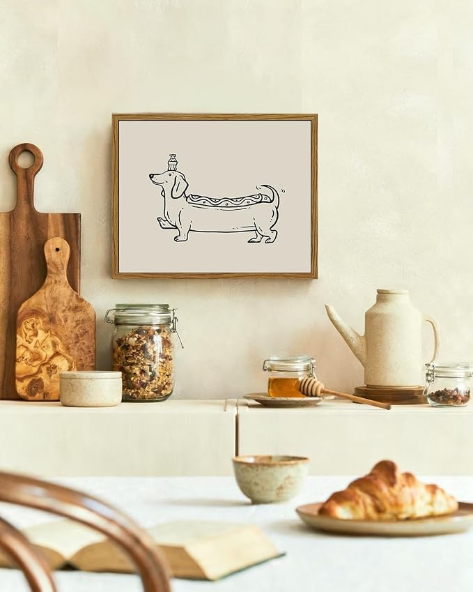 InSimSea Vintage Framed Wall Art Linear Dachshund Puppy Canvas Prints, Amusing Home Decor, Humorous Painting Picture, Kitchen Wall Decor Gifts for Friends or Family - 10L x 8W