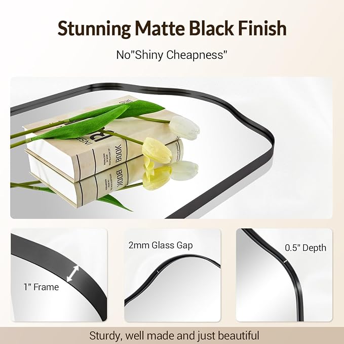 ANDY STAR Scalloped Arched Mirror, 26x38 Matte Black Irregular Wall Mirror for Bathroom Vanity Decorative, for Entryway, Fireplace, Mantel, Rustproof, Stainless Steel Frame