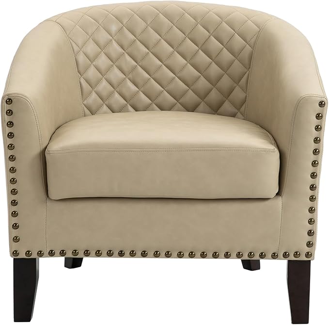 UIXE Faux Leather Barrel Accent Chairs Set of 4, Modern Club Upholstered Arm Chair, Comfy Armchair Nailed Trim Living Room Single Sofa Reading Seat Bedroom Side Sitting for Office, Beige