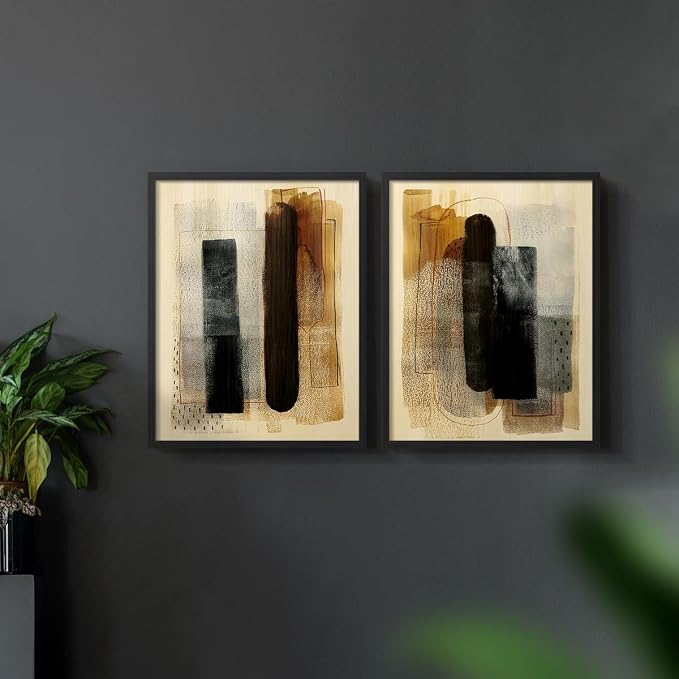Renditions Gallery Set of 2 Peel & Stick Framed Prints, Pattern Abstract Wall Art, Burnt Toast Pattern Wall Decor, Re-Stickable - Ready to Hang - 11"x14" - Black Frame LT588