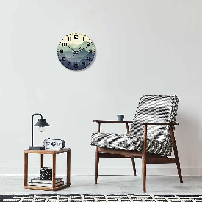 Mountain Wall Clock Battery Operated Natureforestmountainscenery Wall Clock Silent Non Ticking Quality Quartz 10 Inch Round Easy Clock to Read for Home Office