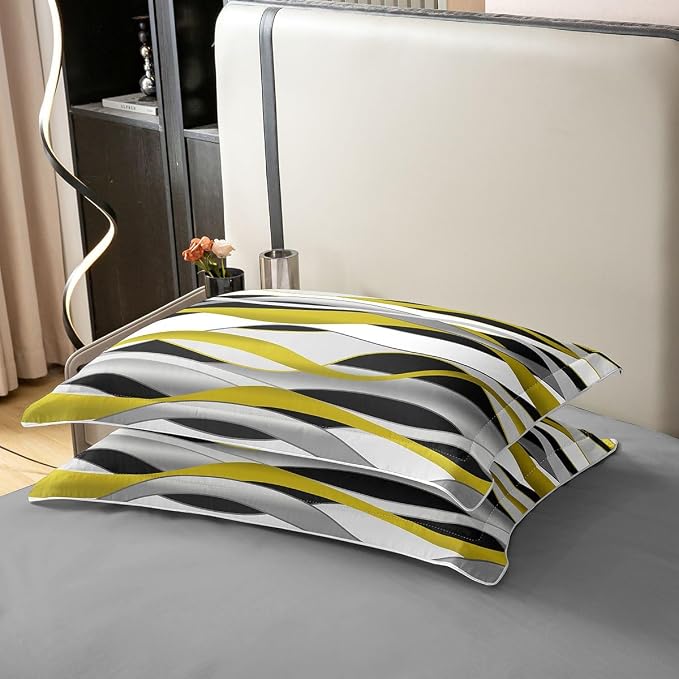 Erosebridal Yellow Gray Black Bedding Set Queen Geometric Stripes Print 100% Cotton Duvet Cover Abstract Lines Art Comforter Cover for Kids Teens Adults Wave Stripe Pattern Bed Set 3 Pcs