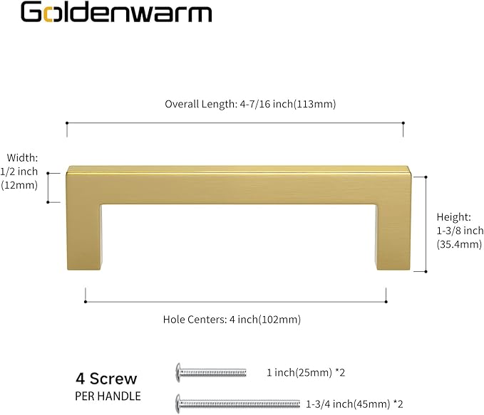 goldenwarm Gold Cabinet Pulls 15 Pack Brushed Brass Drawer Pulls - J12GD102 4 inch Kitchen Cabinet Handles Square Bar Pulls Antique Brass Bathroom Cabinet Hardware