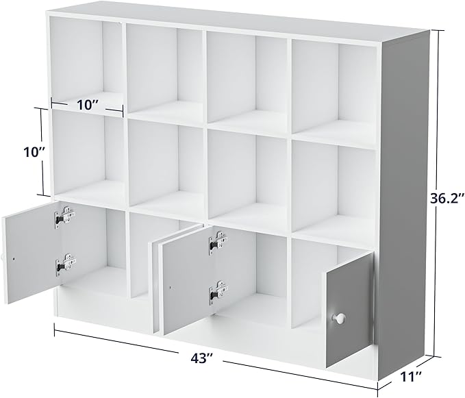 Cozy Castle White Wood Bookcase, 12 Cube Display Shelf with 4 Doors, 3 Tier Open Bookshelf with Adjustable Shelves for Living Room, Home Office, Entryway