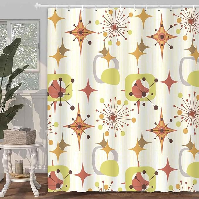 Mid Century Shower Curtain, 72x84inch, Modern Abstract Retro Yellow Striped Geometric Shower Curtain Sets 1950s Boho Bathroom Shower Curtain with 12 Hooks