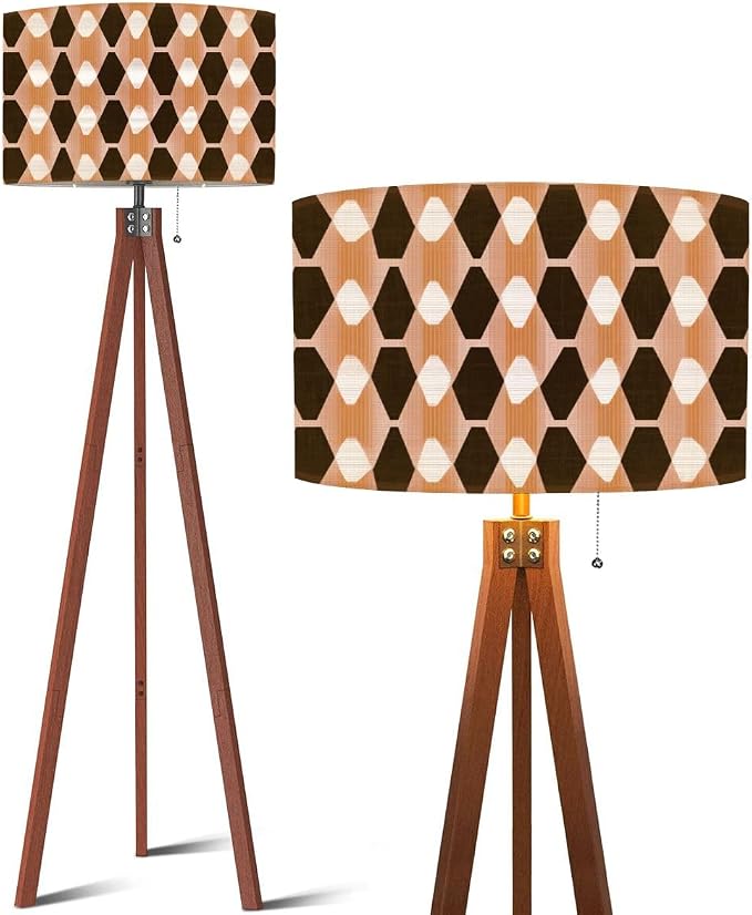 Wood Tripod Floor Lamp Retro seamless pastel brown white elongated diamonds mid century Mid Century Standing Lamp Linen Shade Dimmable Modern Tall lamp Home Decor for Living Room Bedroom Office